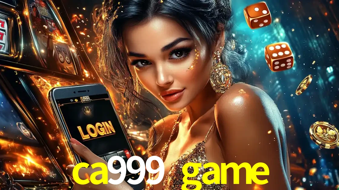 Mulher glamourosa segurando um celular com a tela de login do cassino ca999 game, rodeada por dados e moedas douradas, pronta para começar a diversão.