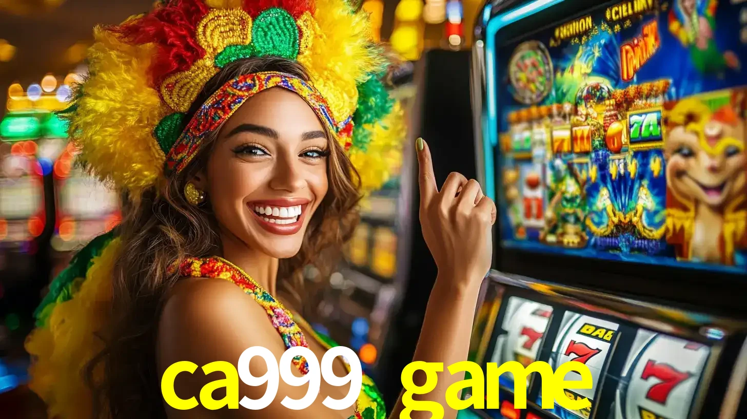 Mulher animada com um cocar de carnaval apontando para uma máquina de caça-níqueis, mostrando a emoção de ganhar um grande prêmio nos jogos do ca999 game.