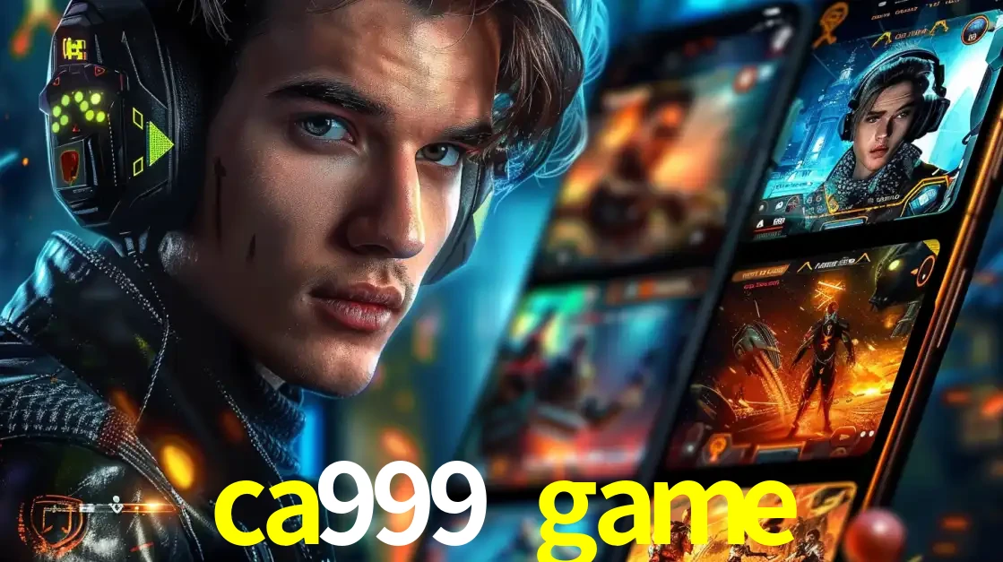 Jovem jogador com fones de ouvido olhando para a câmera, com um aplicativo de jogos e e-sports para celular ao fundo, pronto para a competição e apostas no ca999 game.