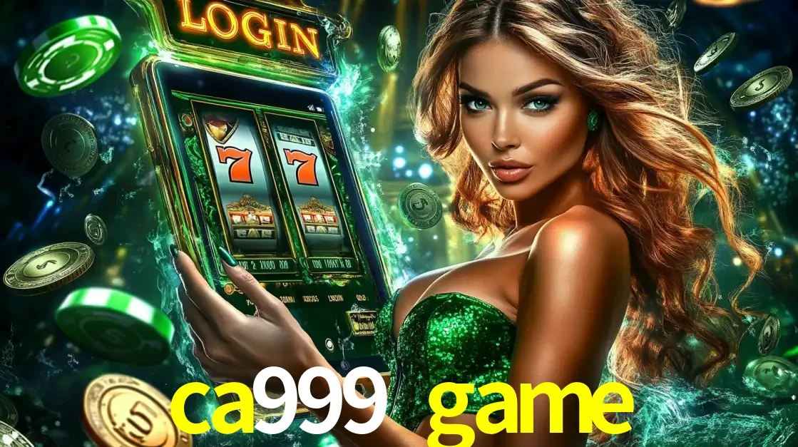 Mulher com tema verde apresentando o aplicativo do cassino ca999 game com um jogo de slot de 777, cercada por fichas de cassino e uma aura de sorte.