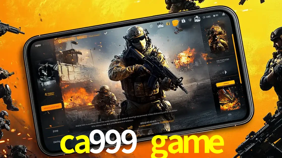 Um smartphone exibindo a interface de um jogo de tiro em primeira pessoa, com um soldado em um cenário de batalha, representando a ação dos e-sports para apostar no ca999 game.