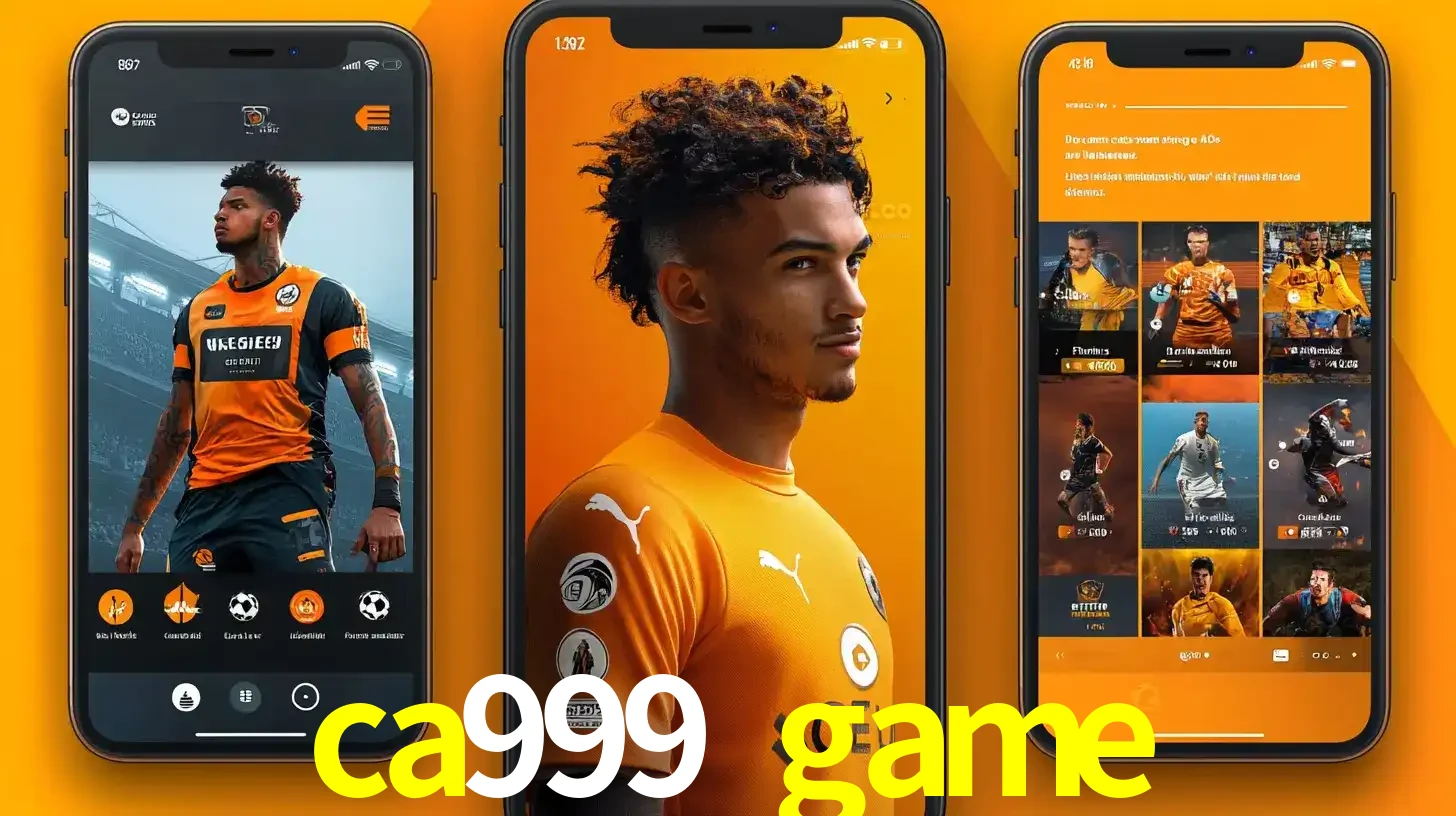 Interface do aplicativo de apostas esportivas ca999 game em três telas de celular, mostrando o perfil de um jogador de futebol e a lista de jogos disponíveis para apostar.