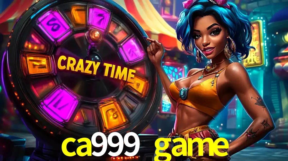 Mulher estilizada com cabelo azul e visual vibrante posando ao lado da roda de prêmios do game show Crazy Time, convidando para a diversão e os bônus do cassino ca999 game.