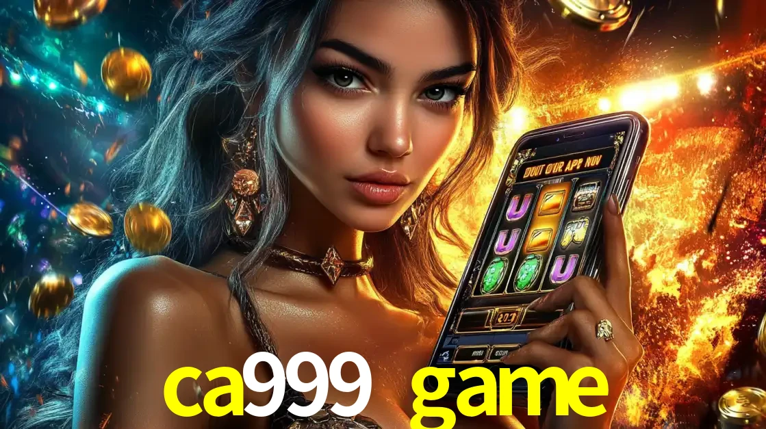 Mulher elegante mostrando um jogo de caça-níqueis em seu smartphone, destacando a experiência de cassino móvel oferecida pelo aplicativo ca999 game.