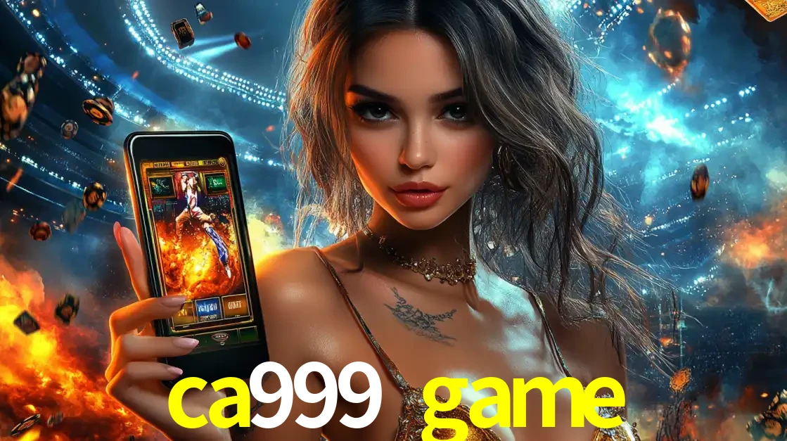 Mulher segurando um celular com um jogo de slot em destaque, tendo como fundo um estádio vibrante, simbolizando a emoção de jogar no cassino móvel ca999 game.