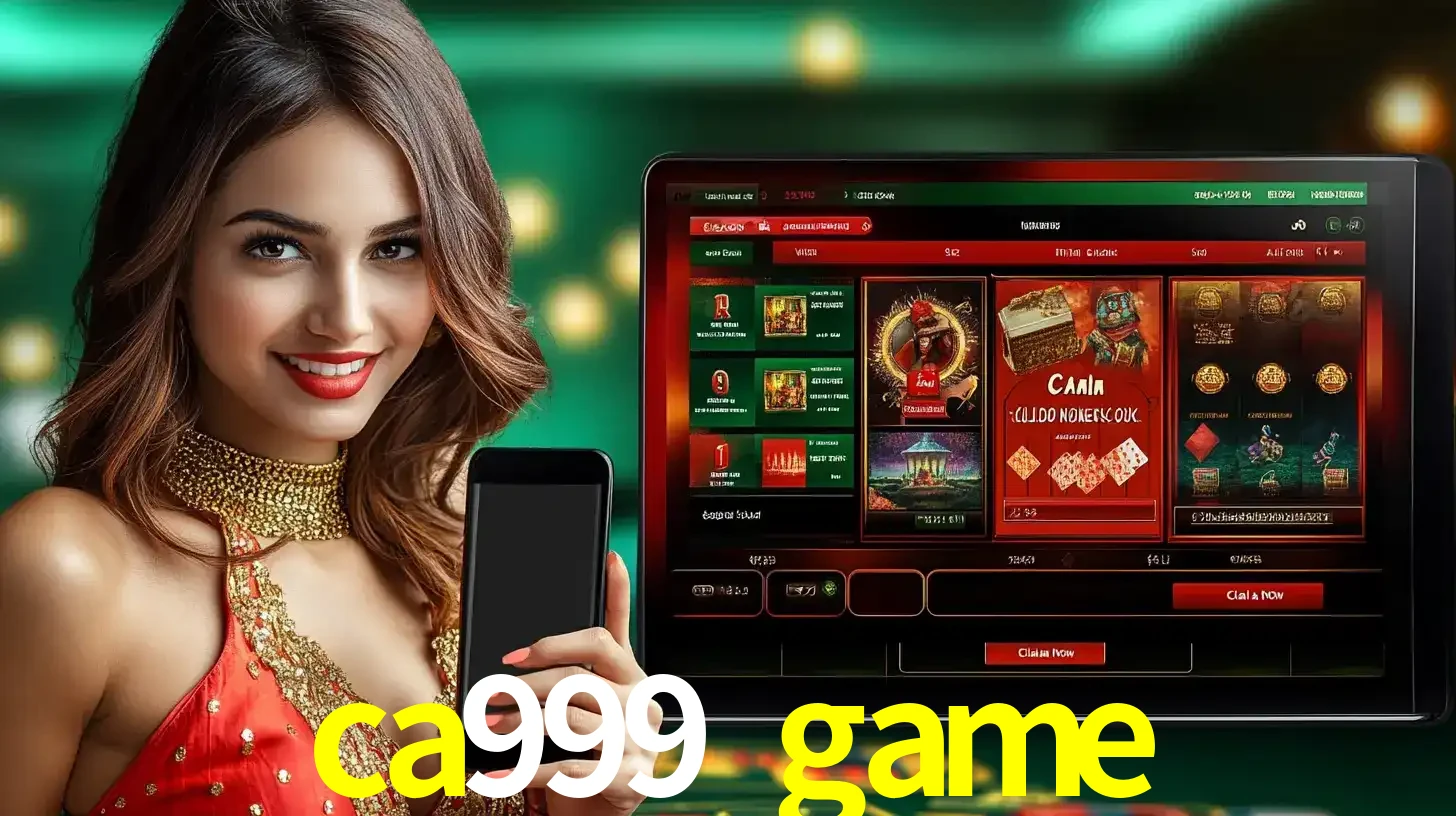 Mulher sorridente segurando um smartphone, ao lado de uma tela exibindo o lobby de jogos do cassino online ca999 game, com várias opções de jogos de cartas e slots.